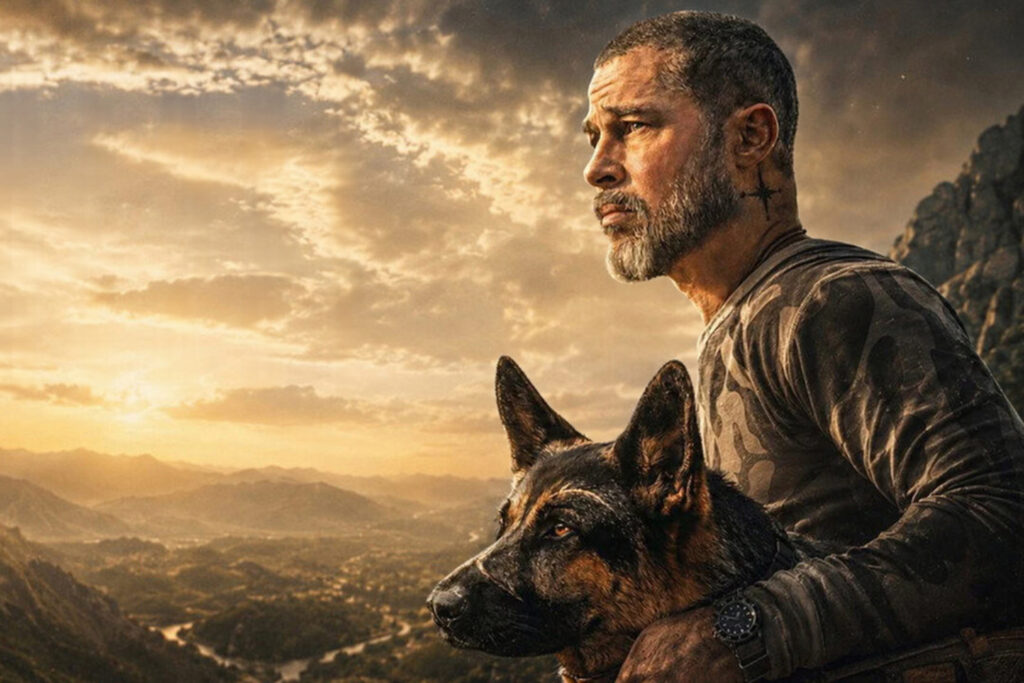 Brad Pitt nei panni del protagonista con il suo fedele cane