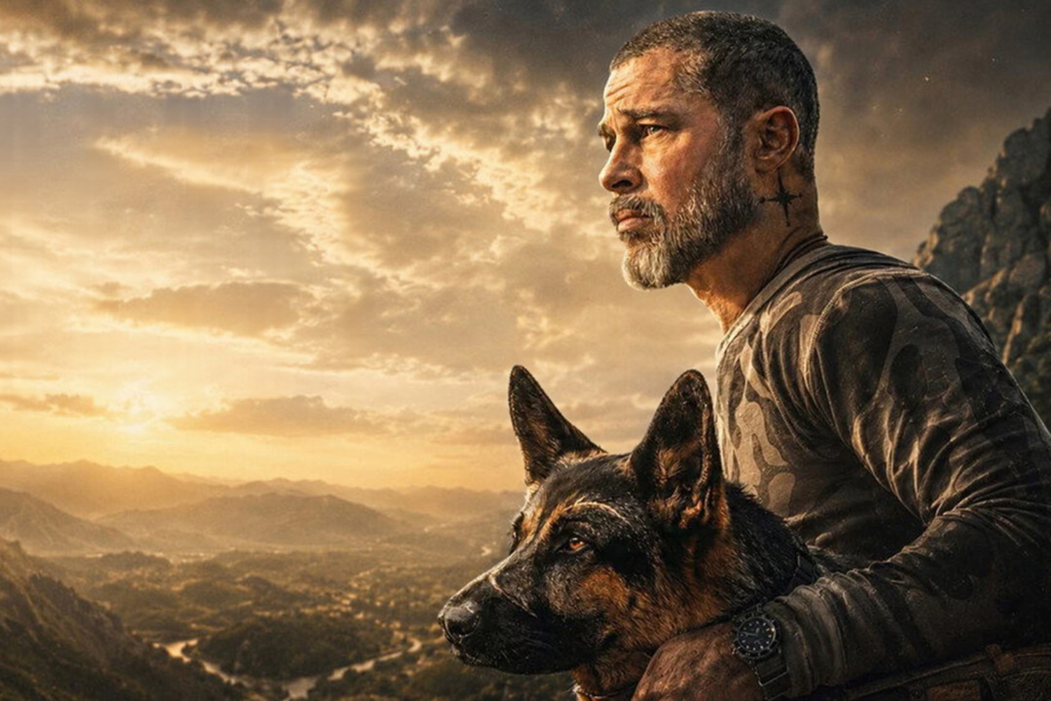 Brad Pitt nei panni del protagonista con il suo fedele cane