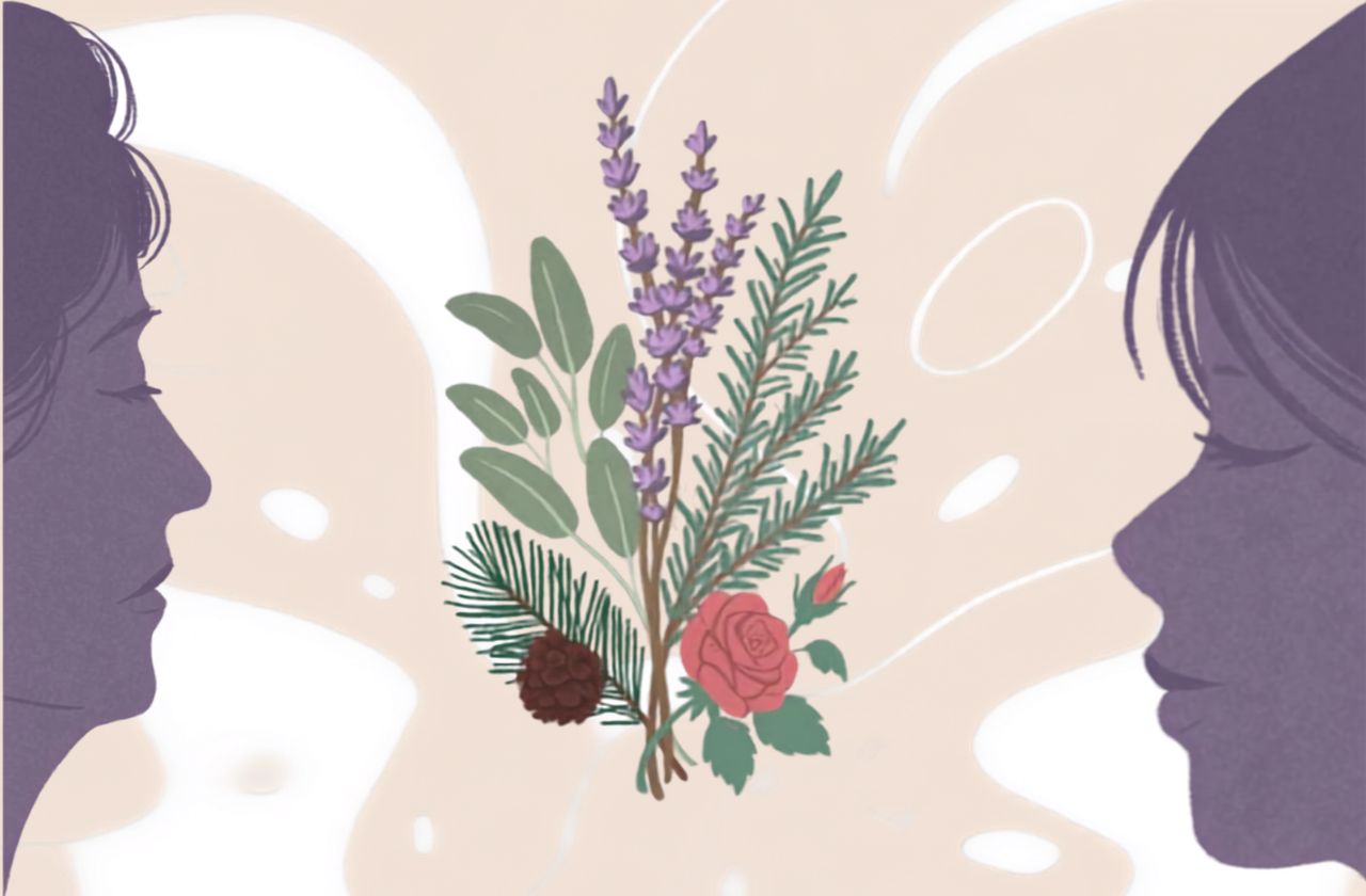 Due sagome di volti femminili osservano un mazzetto di lavanda in una grafica stilizzata.