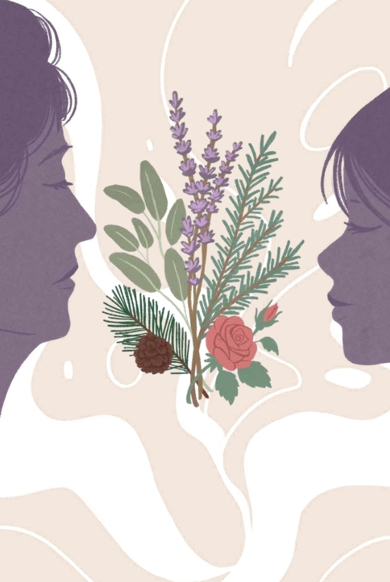 Due sagome di volti femminili osservano un mazzetto di lavanda in una grafica stilizzata.