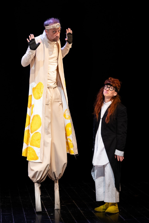 gli attori nei costumi di scena da giraffa da pinguino