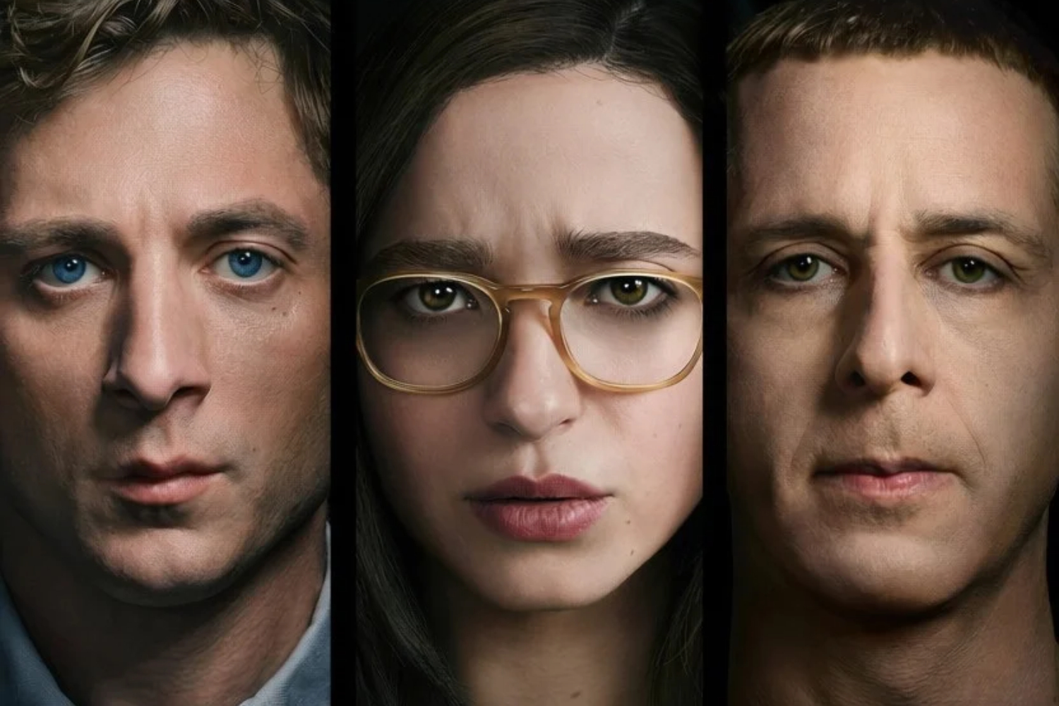 i volti dei tre protagonisti in primo piano uno accanto all'altro